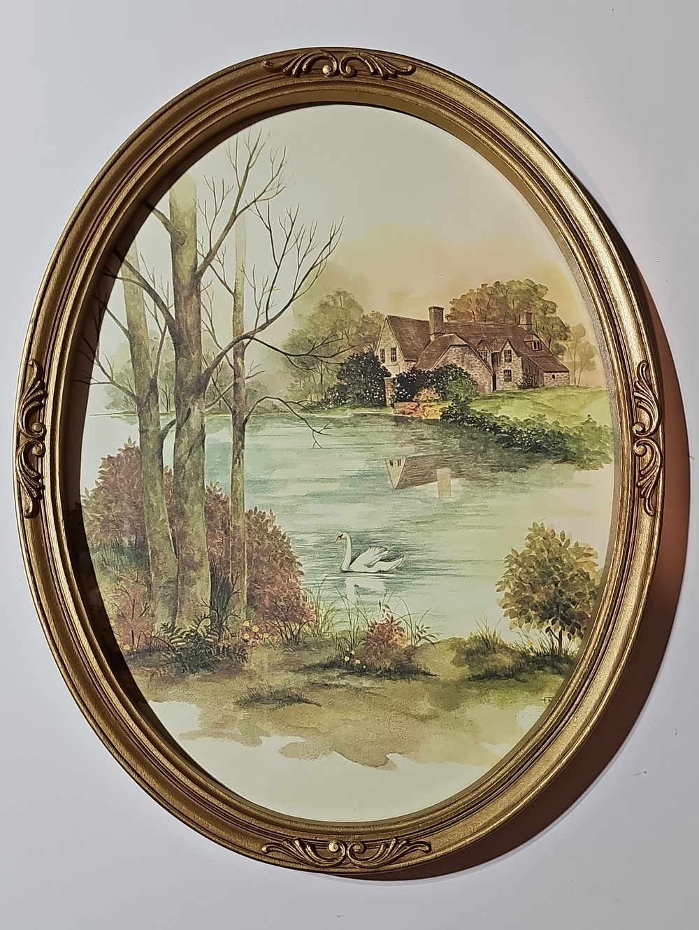 Vintage Homco Home Interiors Oval Gold Framed Landscape of Cottage Pond Swan